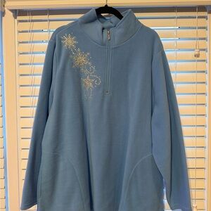 Quacker Factory 1/4 zip light Blue fleece Top with embroidered snowflakes